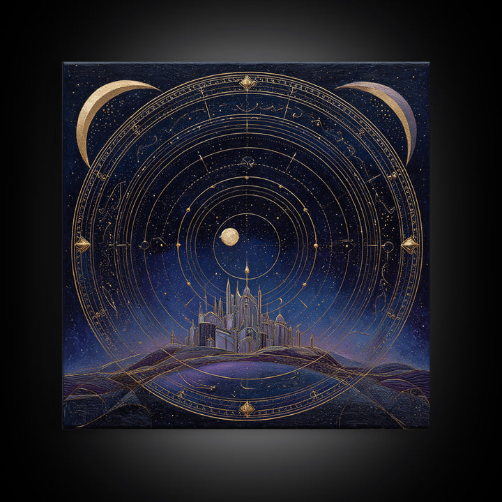 Night Skyline under Crescent Moon Framed Canvas Print, Urban Art, Digital Download Art, Living Room Decor, Abstract Art, Urban, URB-1x1-24