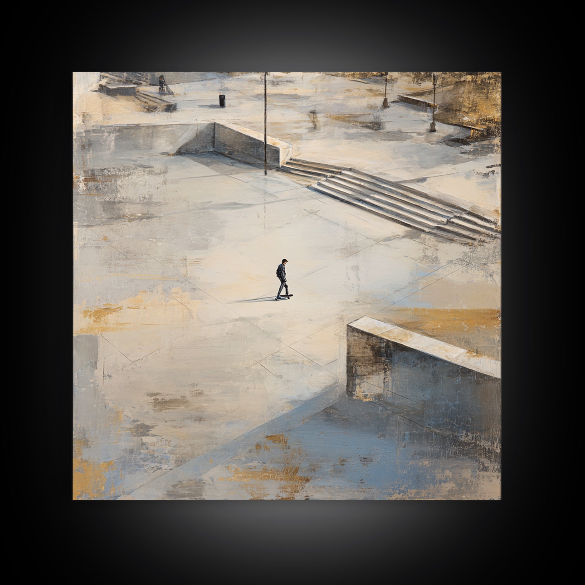 Skateboarder Crossing a Concrete Plaza Canvas Print, Urban Art, Black Wall Art, Living Room Decor, Fine Art, Urban, Queer Art, URB-1x1-31