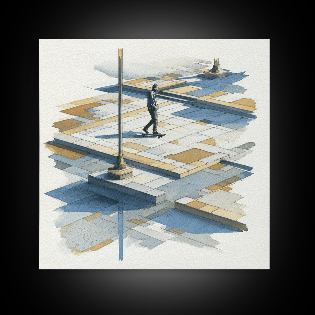 Skateboarder Crossing a Concrete Plaza Canvas Print, Urban Art, Basketball Wall Art, Living Room Decor, Watercolor Art, Urban, URB-1x1-55