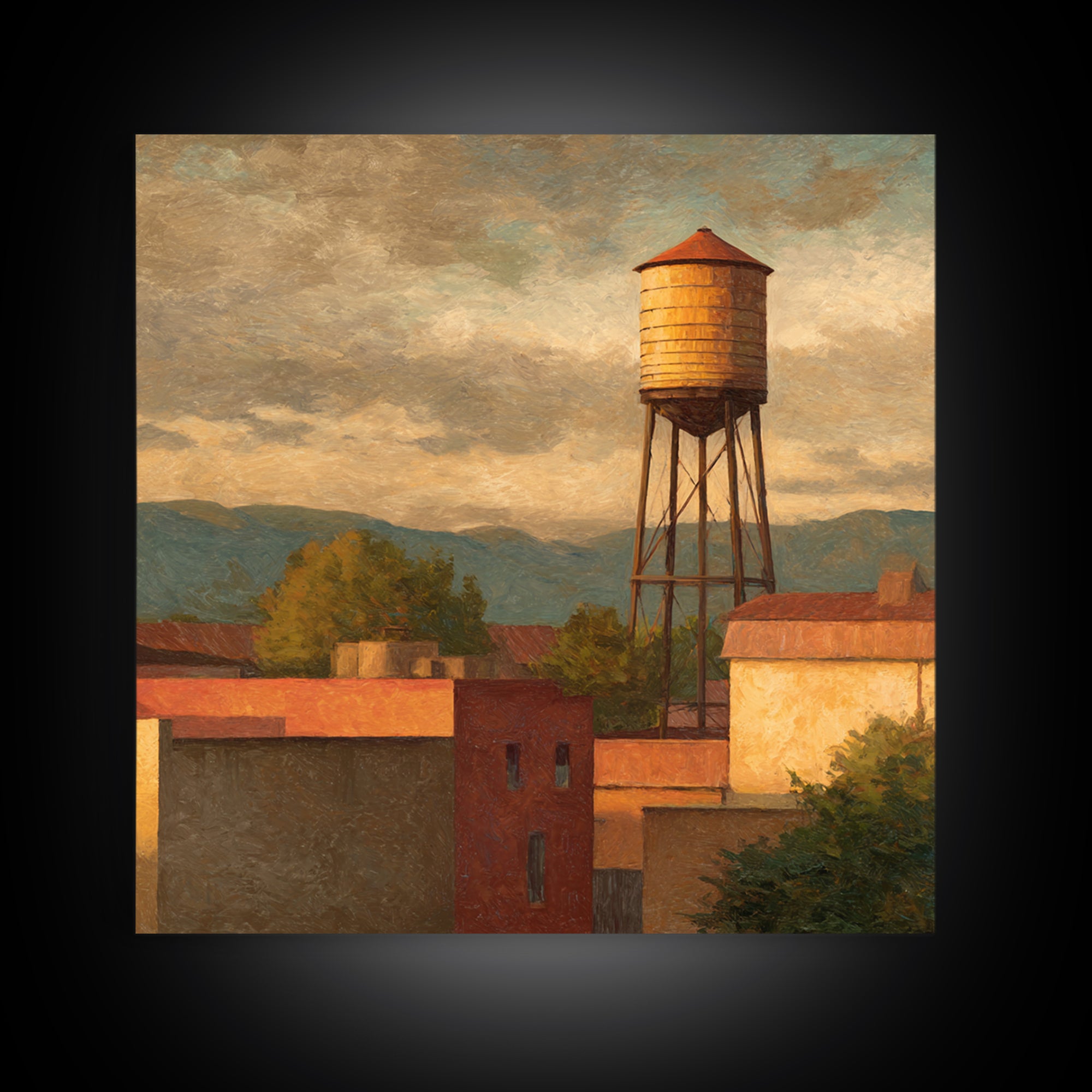 Rooftop Water Tower Framed Canvas Print, Urban Art, Statement Artwork, Living Room Decor, Abstract Art, Urban, Wall Decor, URB-1x1-57