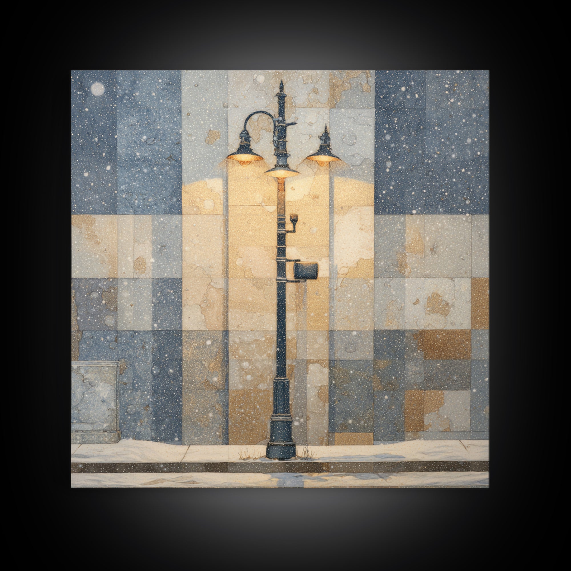 Streetlamp and Falling Snow Framed Canvas Print, Urban Art, Gay Art, Living Room Decor, Oil Painting, Urban, Minimalist Decor, URB-1x1-61
