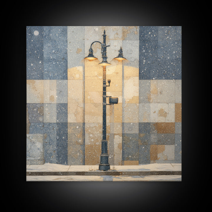 Streetlamp and Falling Snow Framed Canvas Print, Urban Art, Gay Art, Living Room Decor, Oil Painting, Urban, Minimalist Decor, URB-1x1-61