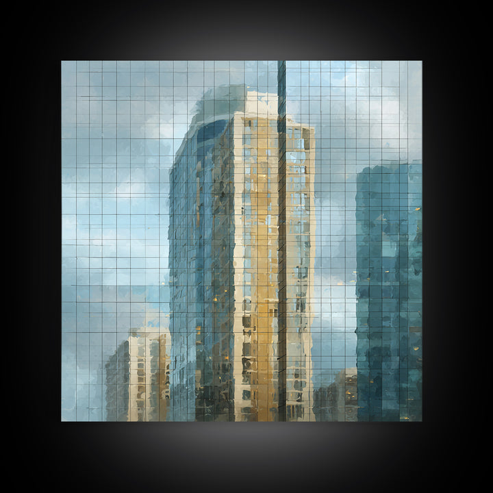 Modern Skyscraper Glass Reflections Framed Canvas Print, Urban Art, Pop Art, Living Room Decor, Fine Art, Urban, URB-1x1-62