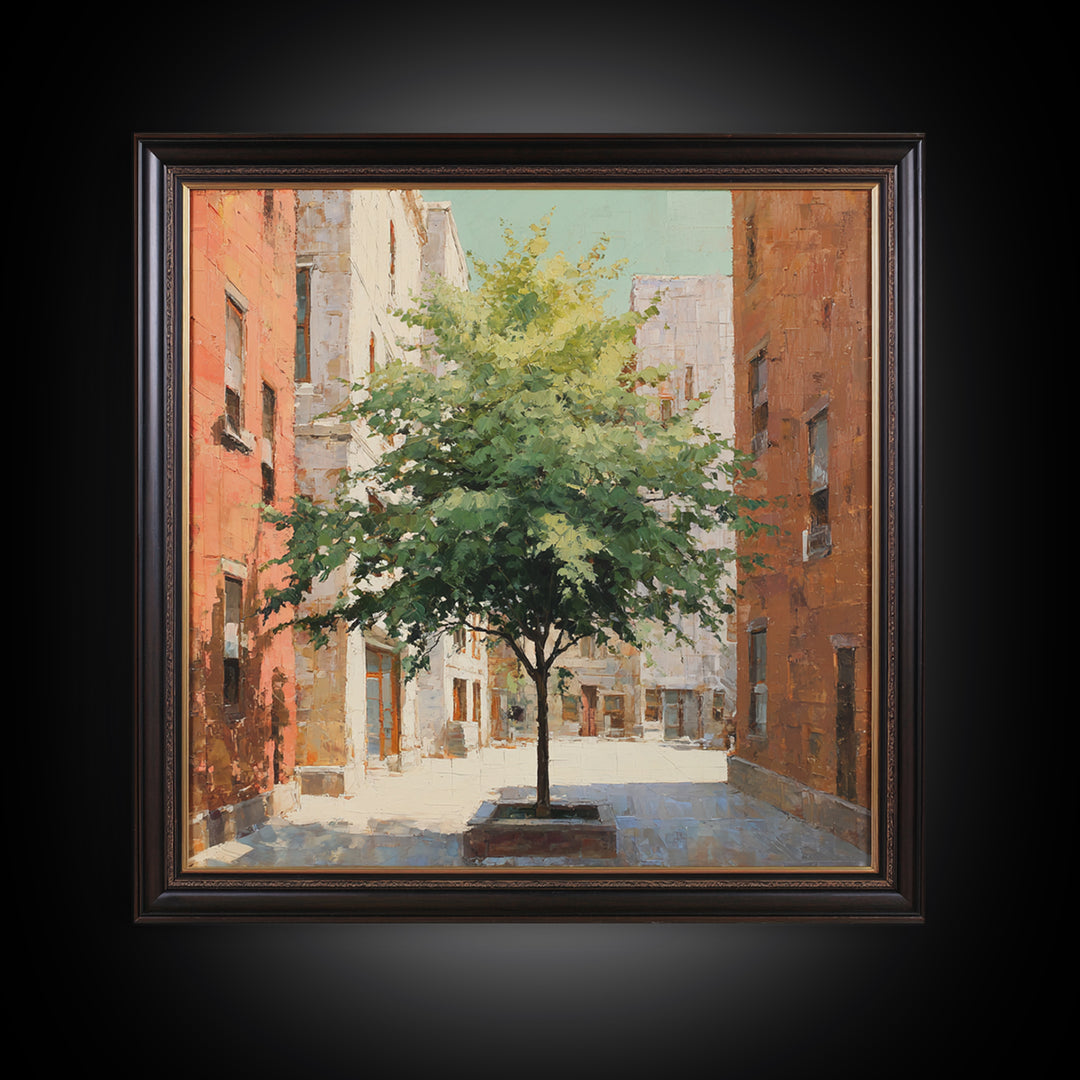 City Park Tree Framed by Buildings Framed Canvas Print, Urban Art, Colorful Wall Art, Living Room Decor, Abstract Art, Urban, URB-1x1-66