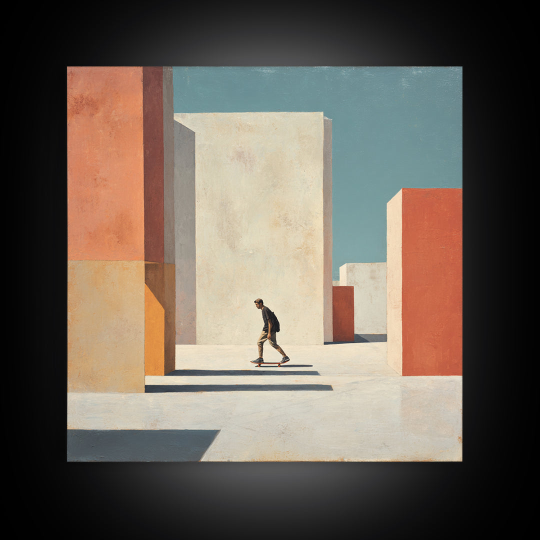 Skateboarder Crossing a Concrete Plaza Framed Canvas Print, Urban Art, Textured Wall Art, Living Room Decor, Fine Art, Urban, URB-1x1-7