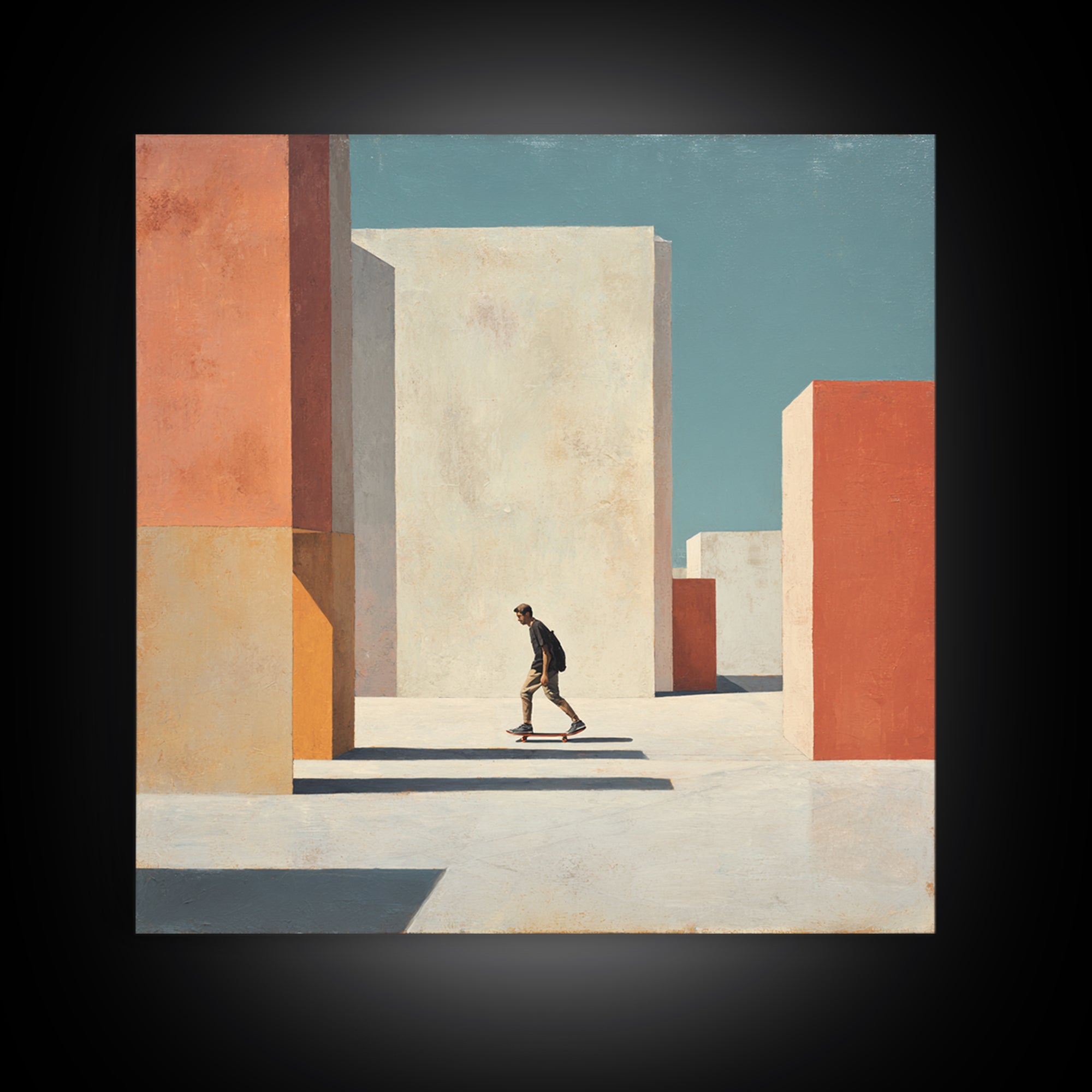 Skateboarder Crossing a Concrete Plaza Framed Canvas Print, Urban Art, Textured Wall Art, Living Room Decor, Fine Art, Urban, URB-1x1-7