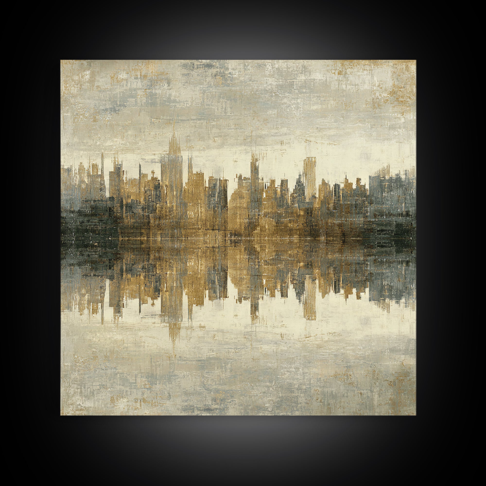 Moody City Skyline Reflected Framed Canvas Print, Urban Art, Art Print, Living Room Decor, Abstract Art, Urban, Oil Painting, URB-1x1-73