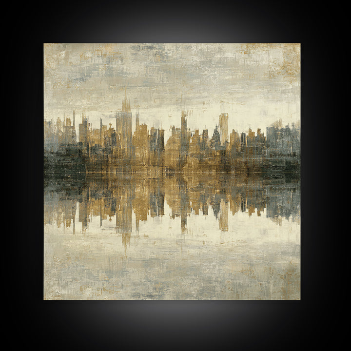 Moody City Skyline Reflected Framed Canvas Print, Urban Art, Art Print, Living Room Decor, Abstract Art, Urban, Oil Painting, URB-1x1-73