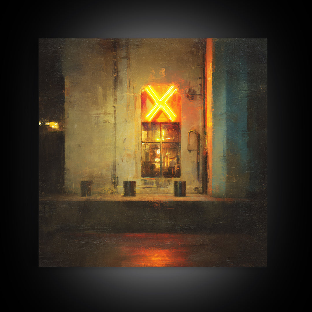 Neon Sign Glow Reflected on Black Street Framed Canvas Print, Urban Art, Gallery Decor, Living Room Decor, Fine Art, Urban, URB-1x1-78