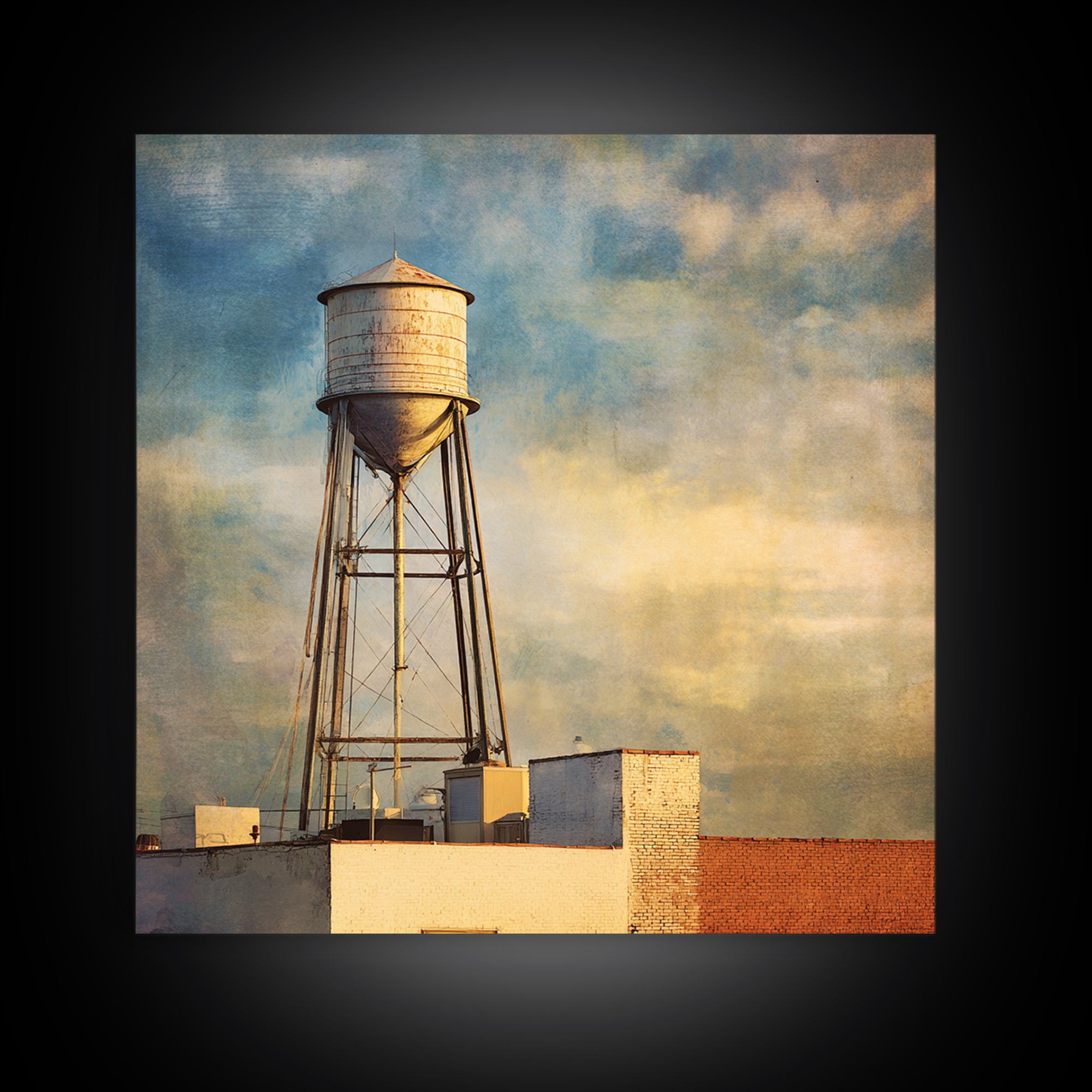 Rooftop Water Tower Canvas Print, Urban Art, Textured Painting, Living Room Decor, Urban, Original Art, Canvas Wall Art, URB-1x1-81
