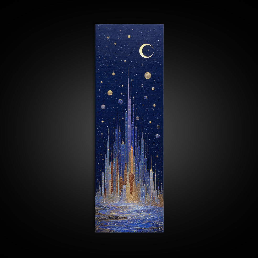 Night Skyline under Crescent Moon Canvas Print, Urban Art, Boho Decor, Living Room Decor, Abstract Art, Urban, Digital Prints, URB-1x3-12