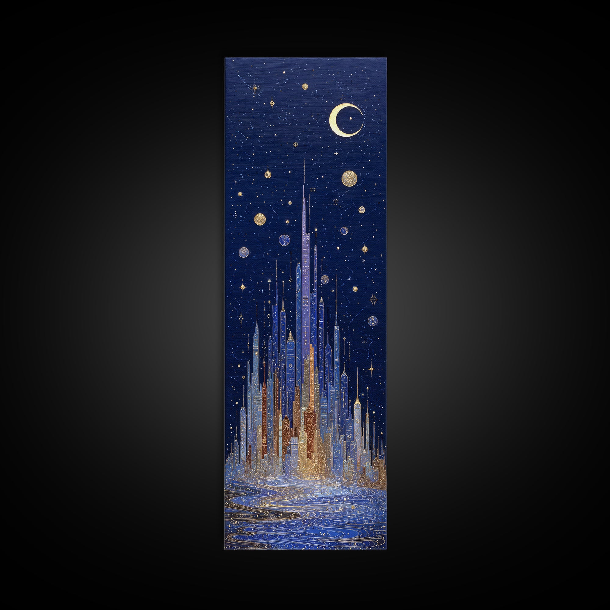 Night Skyline under Crescent Moon Canvas Print, Urban Art, Boho Decor, Living Room Decor, Abstract Art, Urban, Digital Prints, URB-1x3-12