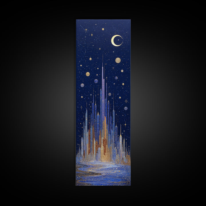 Night Skyline under Crescent Moon Canvas Print, Urban Art, Boho Decor, Living Room Decor, Abstract Art, Urban, Digital Prints, URB-1x3-12
