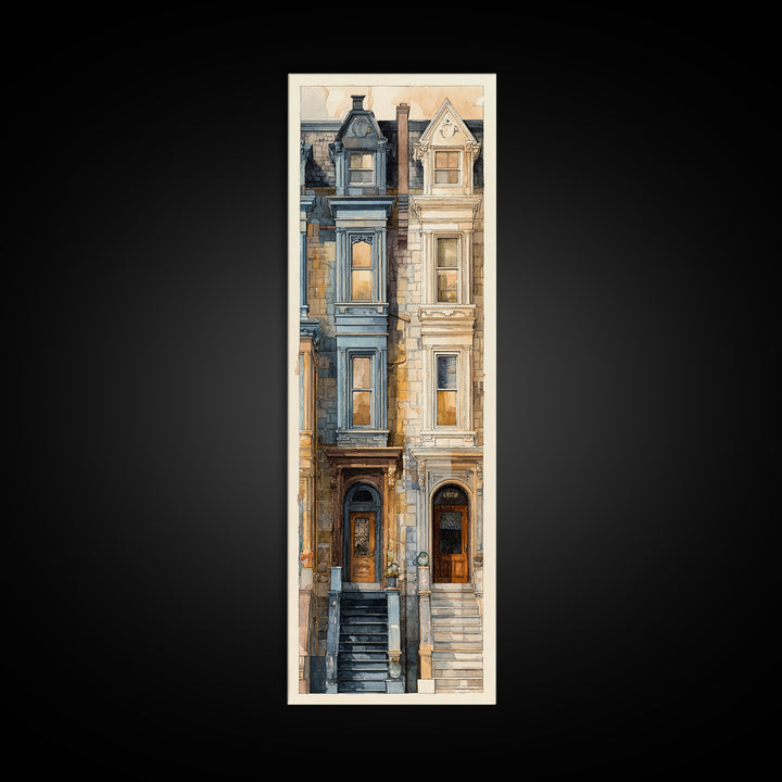 Brownstone Row in Soft Morning Light Framed Canvas Print, Urban Art, Art Print, Living Room Decor, Urban, Oil Painting, URB-1x3-24
