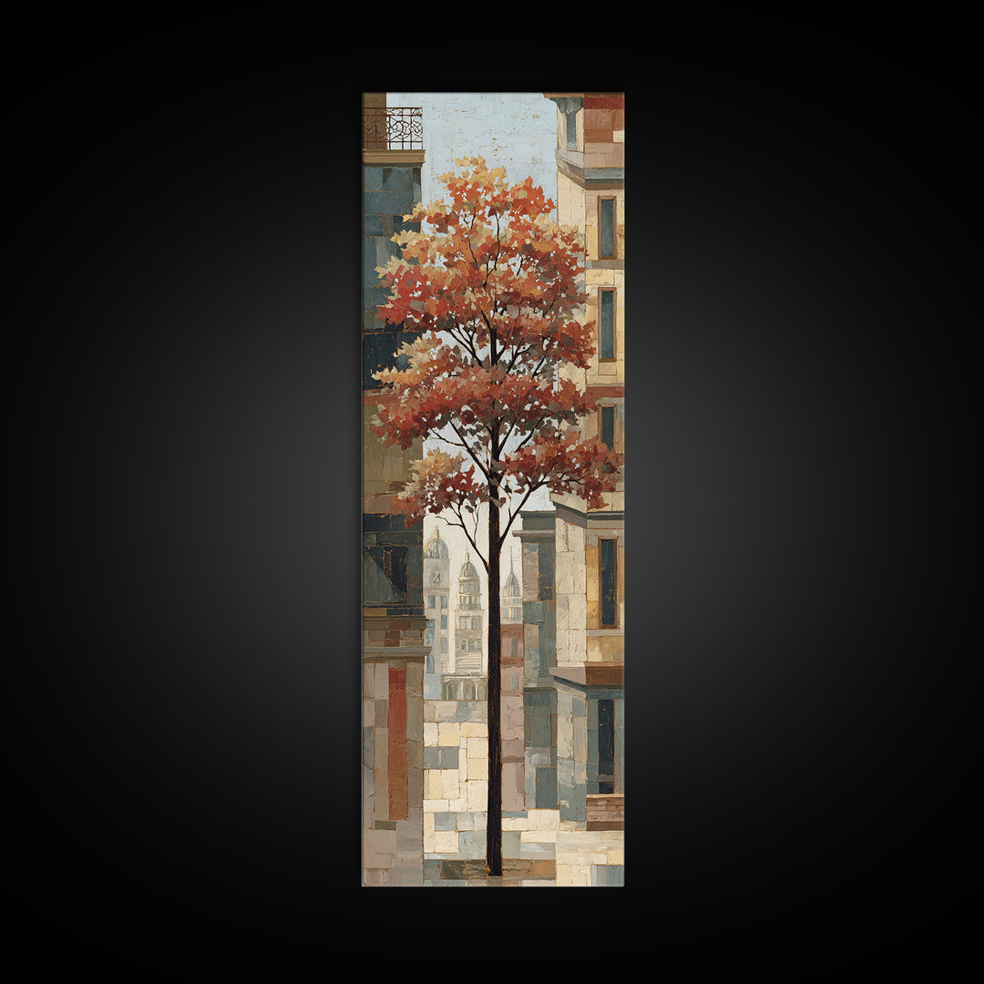 City Park Tree Framed by Buildings Framed Canvas Print, Urban Art, Canvas Painting, Living Room Decor, Oil Painting, Urban, URB-1x3-54