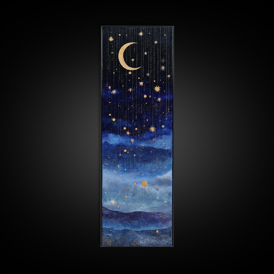 Night Skyline under Crescent Moon Canvas Print, Urban Art, Wall Decor, Living Room Decor, Fine Art, Urban, Living Room Wall Art, URB-1x3-60