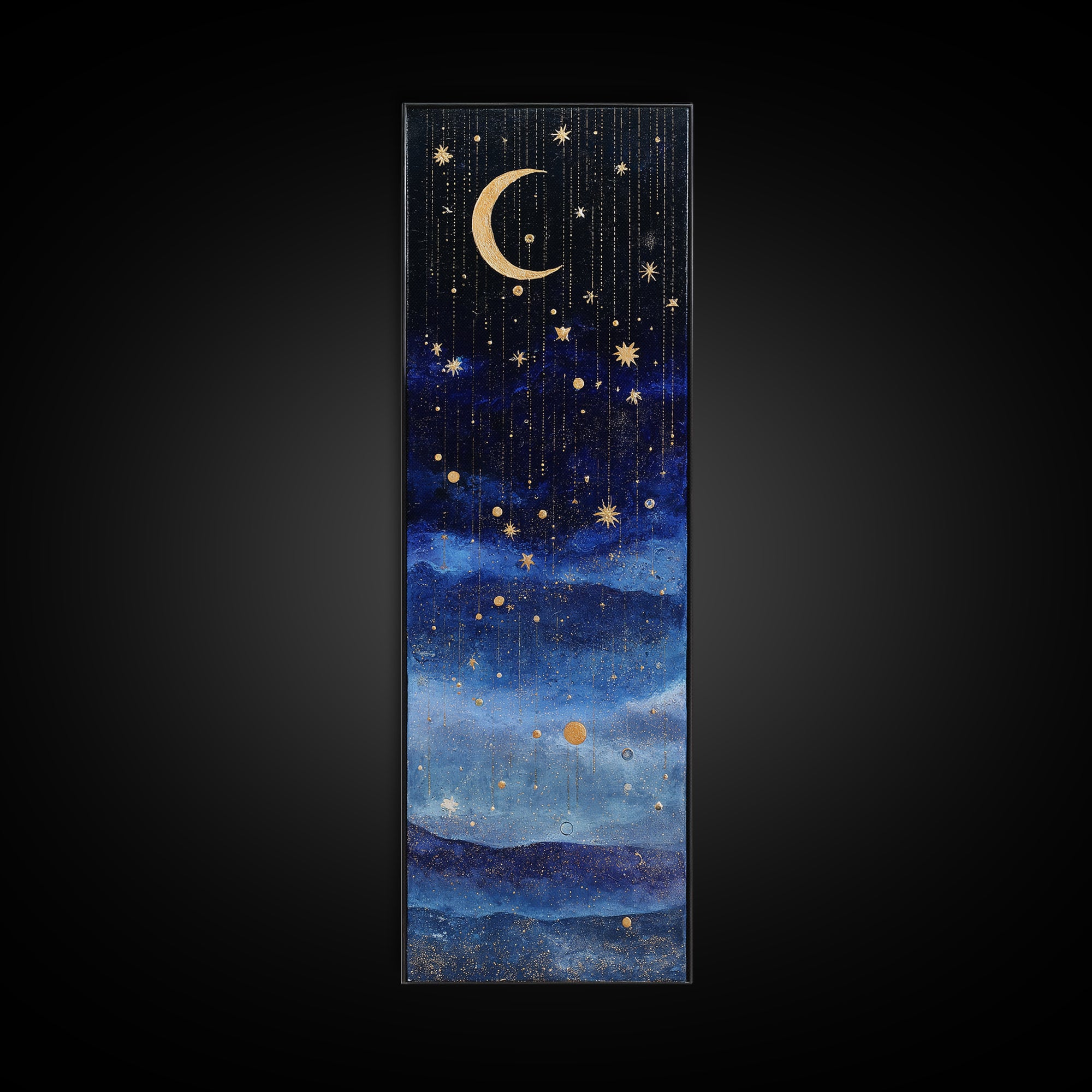 Night Skyline under Crescent Moon Canvas Print, Urban Art, Wall Decor, Living Room Decor, Fine Art, Urban, Living Room Wall Art, URB-1x3-60