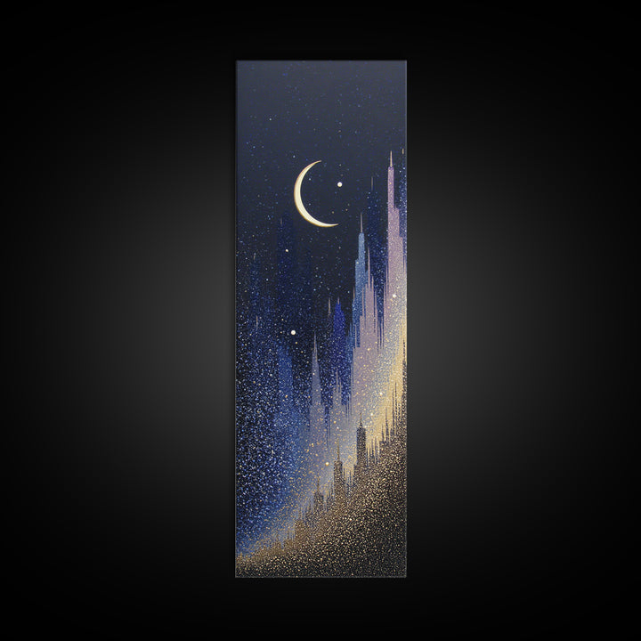 Night Skyline under Crescent Moon Framed Canvas Print, Urban Art, Original Art, Living Room Decor, Urban, Black Woman Art, URB-1x3-84