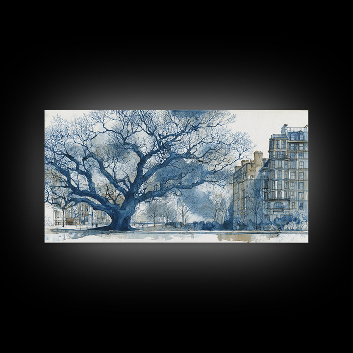 City Park Tree Framed by Buildings Framed Canvas Print, Urban Art, Fine Art Print, Living Room Decor, Watercolor Art, Urban, URB-2x1-14