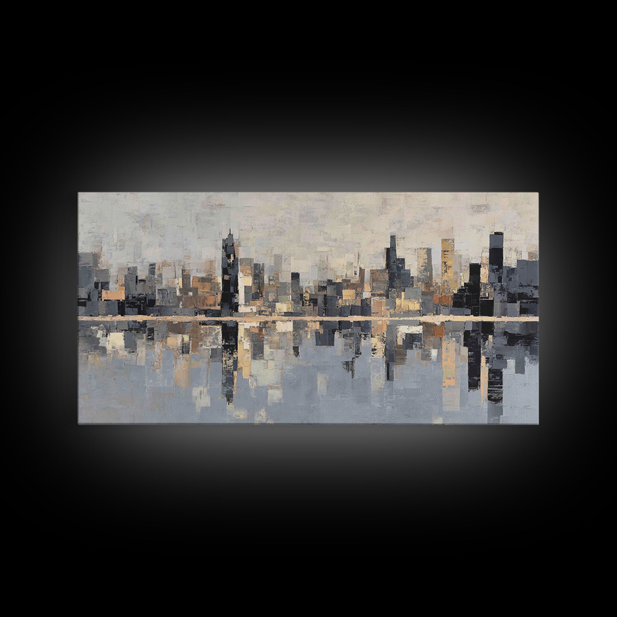 Moody City Skyline Reflected Framed Canvas Print, Urban Art, Original Painting, Living Room Decor, Urban, African American Art, URB-2x1-45