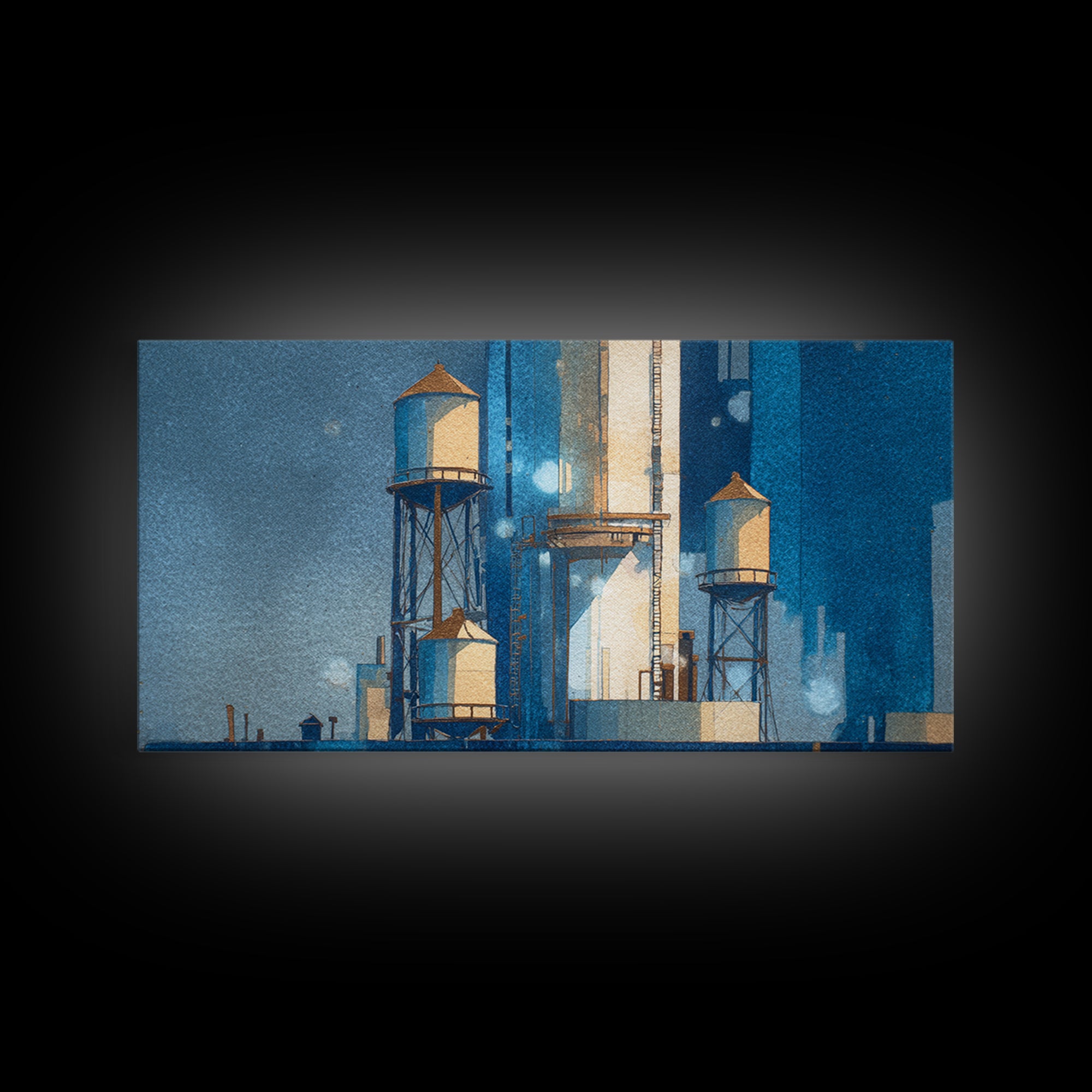 Rooftop Water Tower Framed Canvas Print, Urban Art, Poster, Living Room Decor, Watercolor Art, Urban, Modern Wall Art, URB-2x1-5