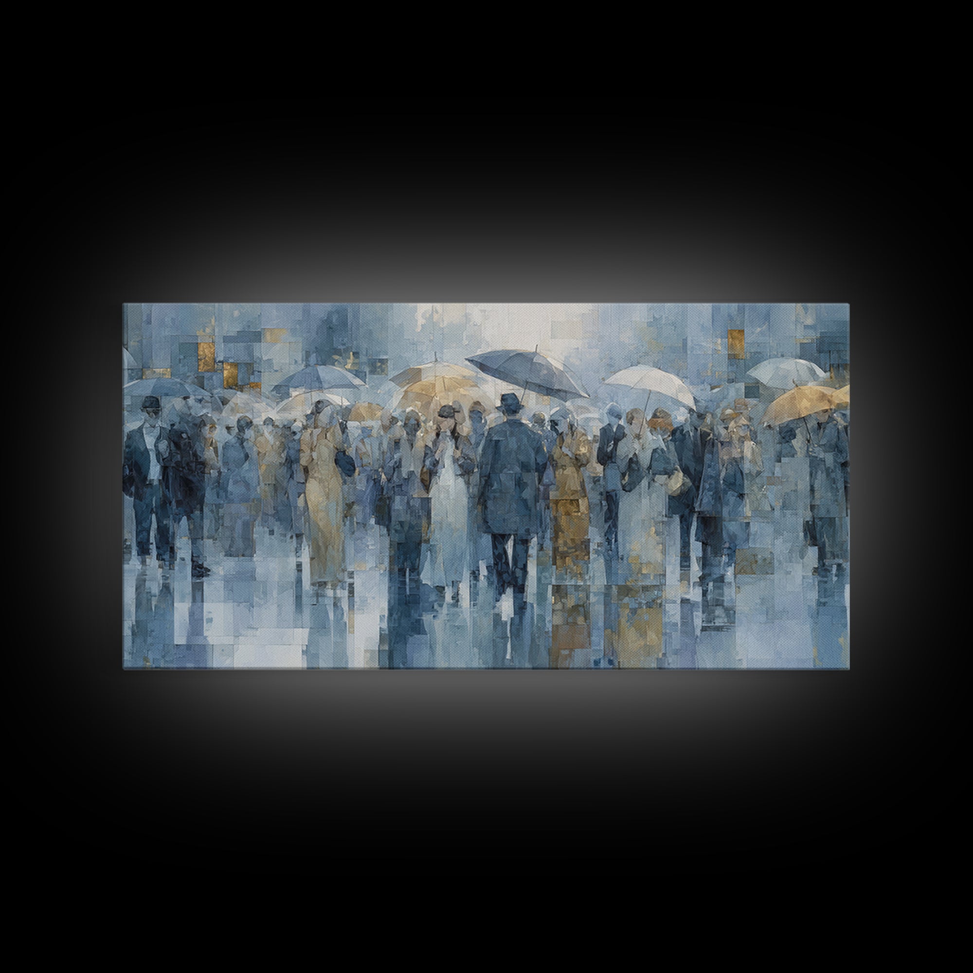 Rain Umbrella Figures Canvas Print, Urban Art, Oil Painting, Living Room Decor, Urban, Black Art Prints, Book Shelf Decor, URB-2x1-64
