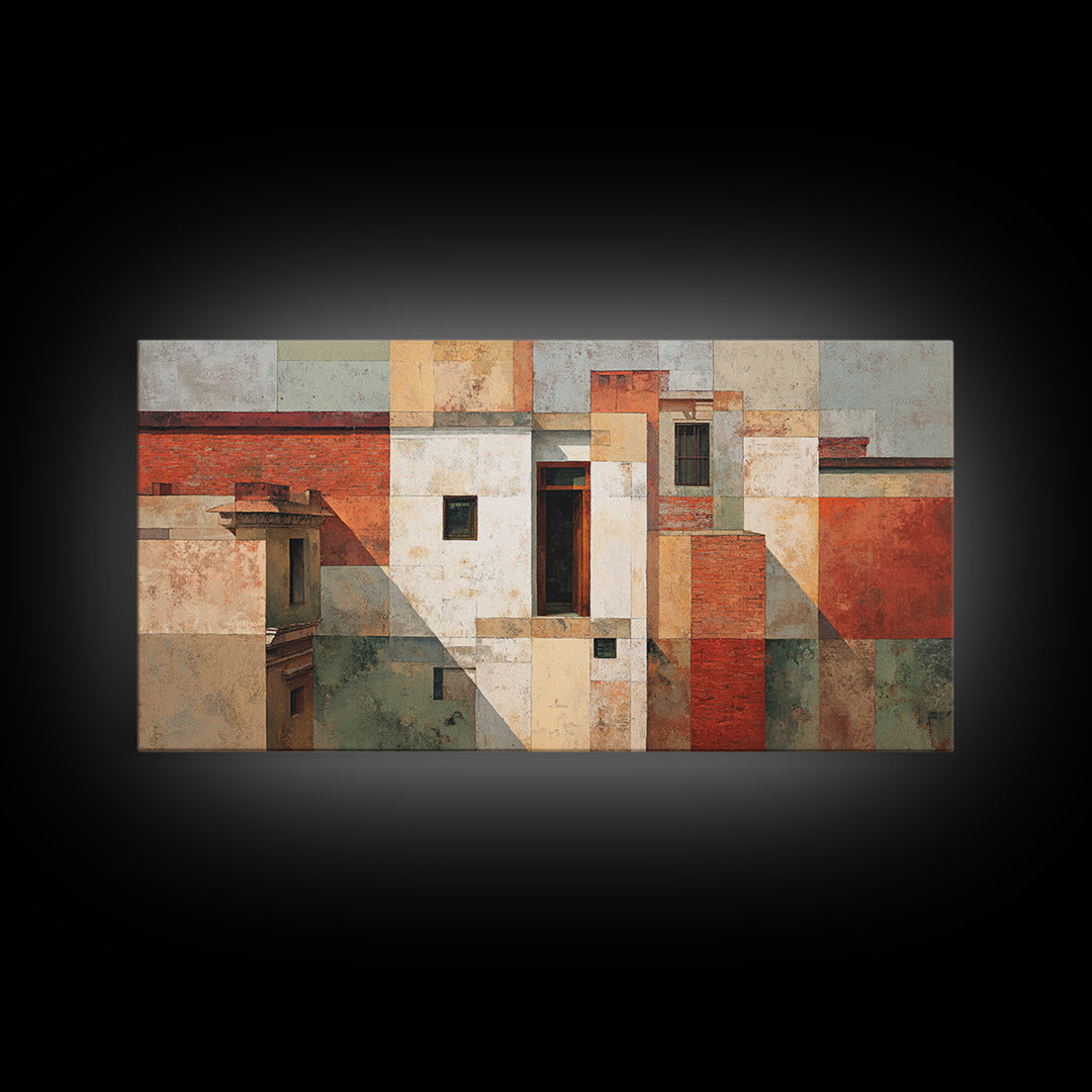 Brick Wall and Window Shadows as Geometry Canvas Print, Urban Art, Oil Painting, Living Room Decor, Urban, Black Art Prints, URB-2x1-73