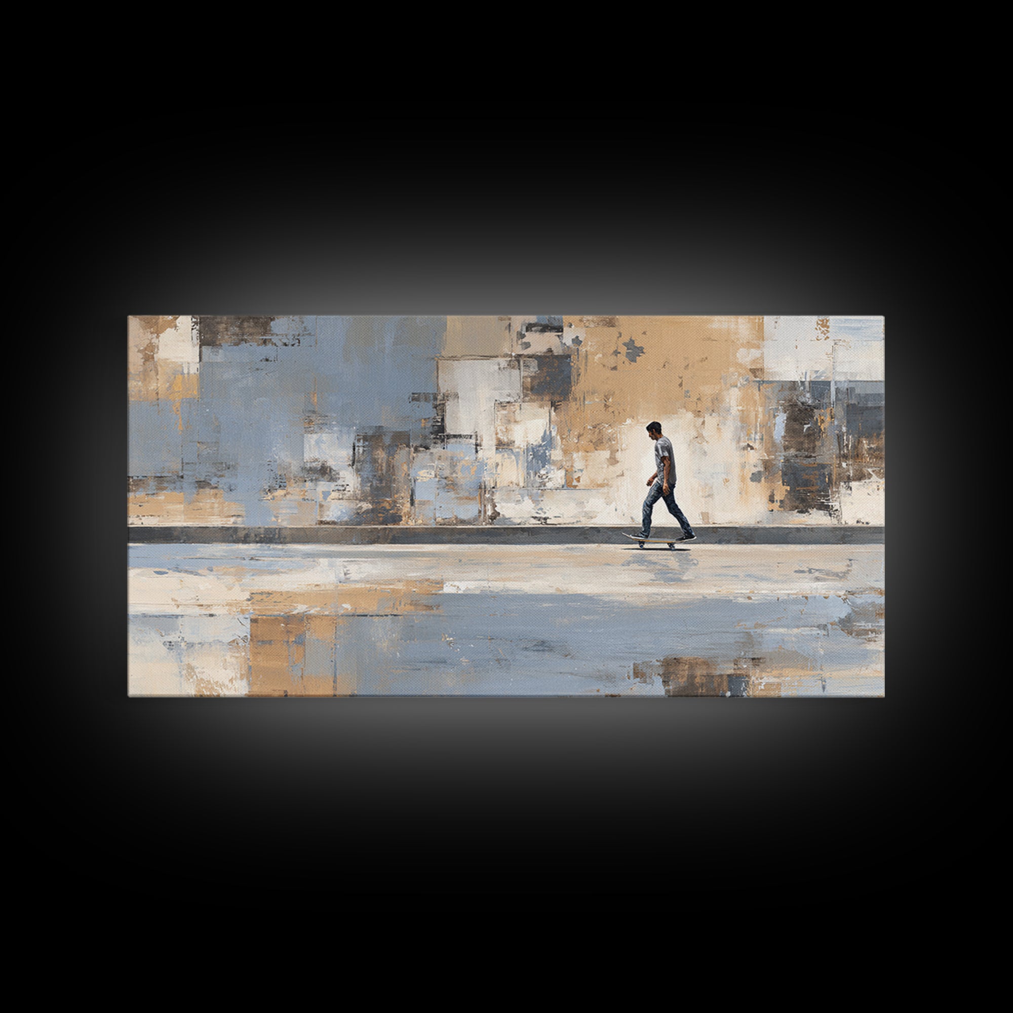 Skateboarder Crossing a Concrete Plaza Framed Canvas Print, Urban Art, Boho Decor, Living Room Decor, Fine Art, Urban, URB-2x1-75