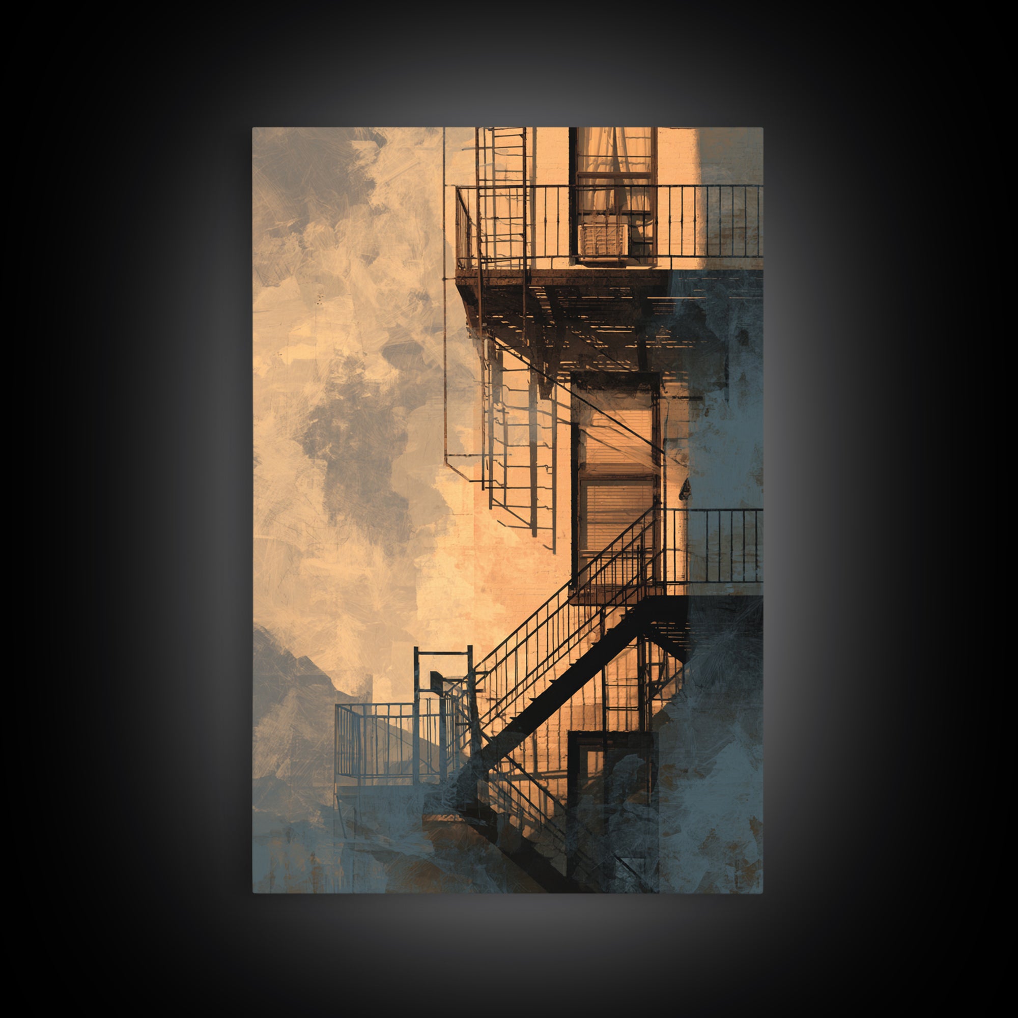 Fire Escape Silhouette Canvas Print, Urban Art, Luxury Decor, Living Room Decor, Fine Art, Urban, Oil Painting, URB-2x3-10