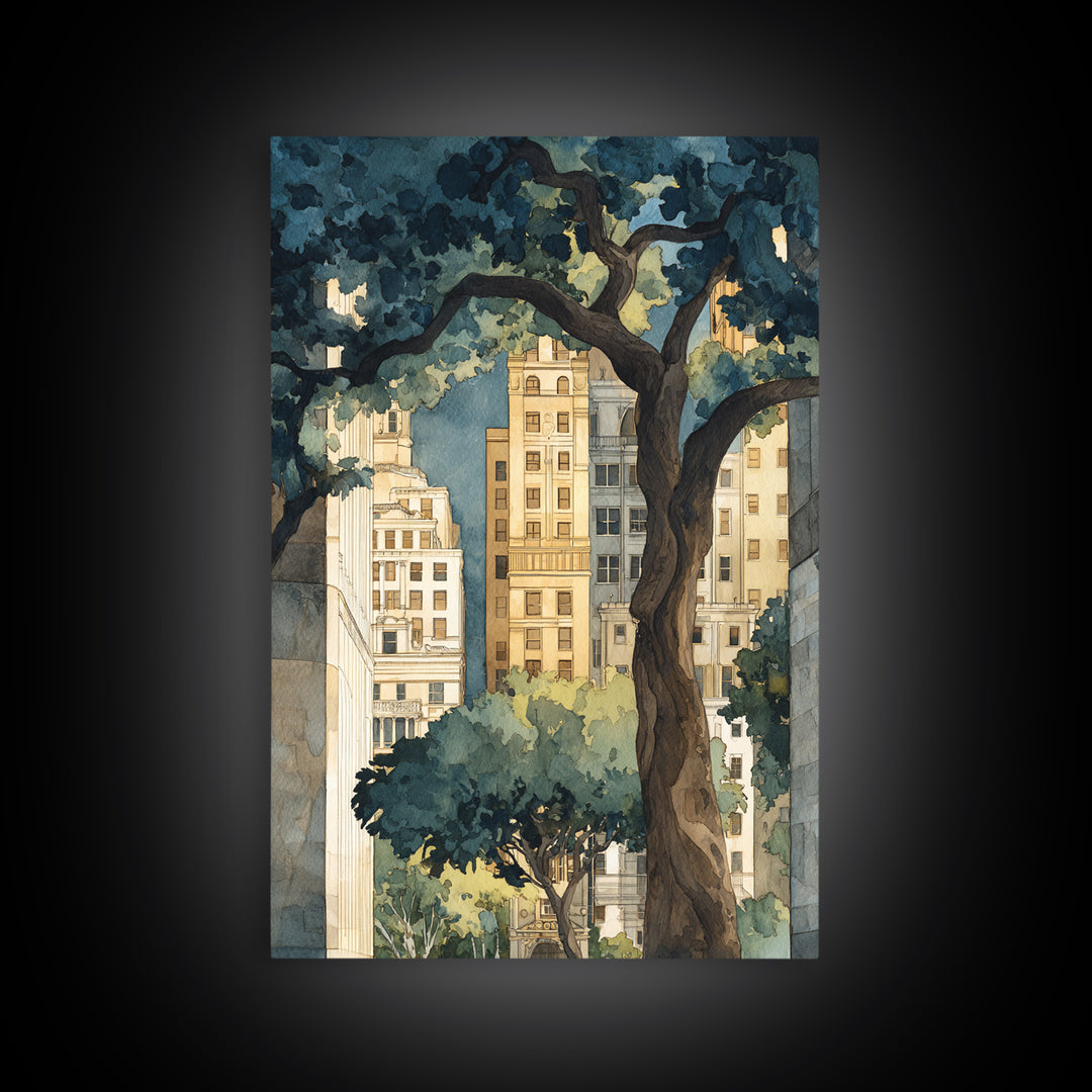 City Park Tree Framed by Buildings Framed Canvas Print, Urban Art, Boho Decor, Living Room Decor, Abstract Art, Urban, URB-2x3-2