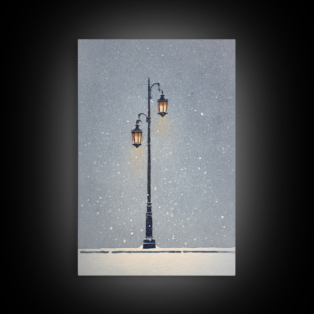 Streetlamp and Falling Snow Framed Canvas Print, Urban Art, Contemporary Art, Living Room Decor, Oil Painting, Urban, URB-2x3-21