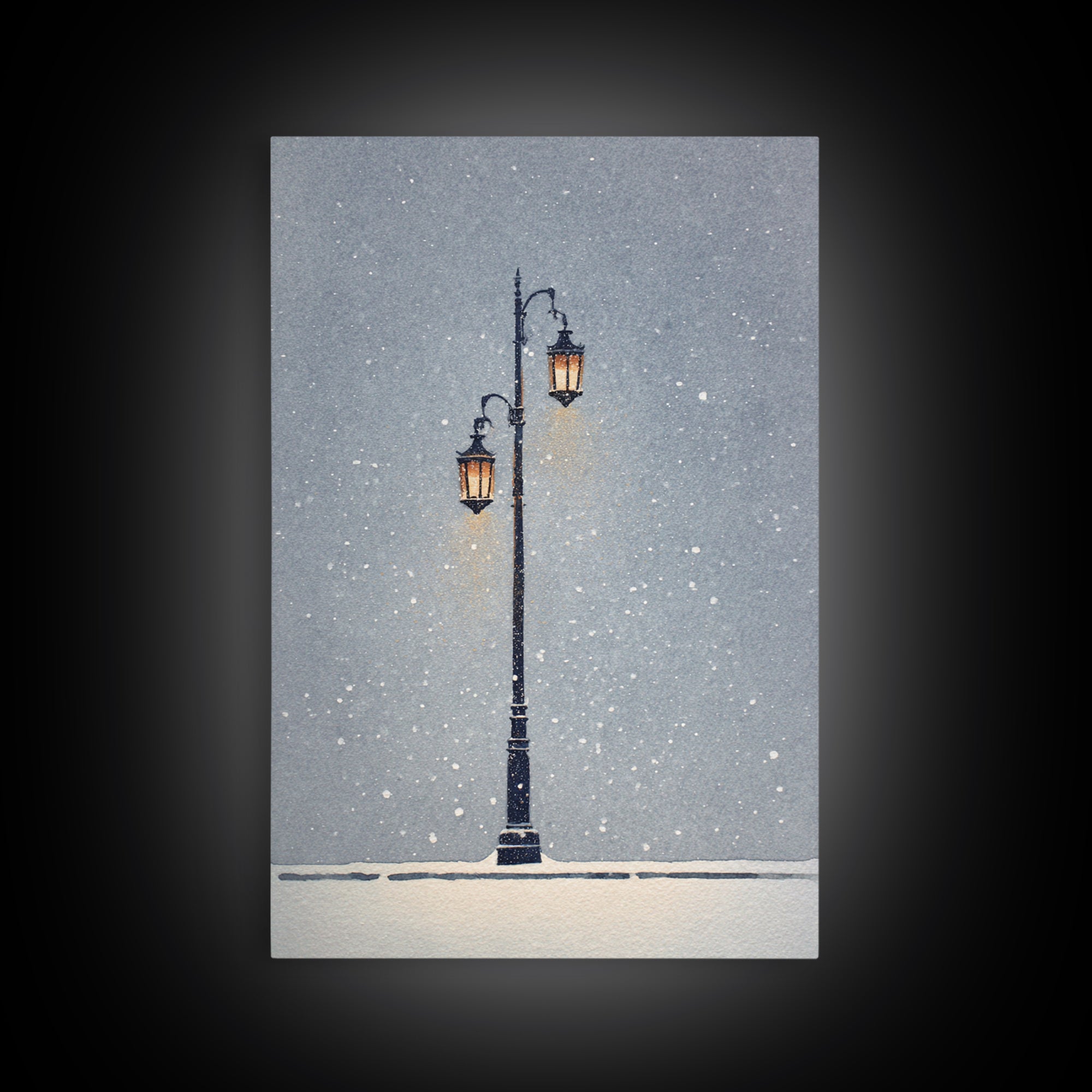 Streetlamp and Falling Snow Framed Canvas Print, Urban Art, Contemporary Art, Living Room Decor, Oil Painting, Urban, URB-2x3-21