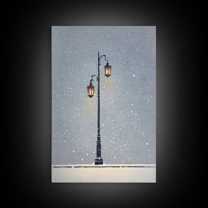 Streetlamp and Falling Snow Framed Canvas Print, Urban Art, Contemporary Art, Living Room Decor, Oil Painting, Urban, URB-2x3-21