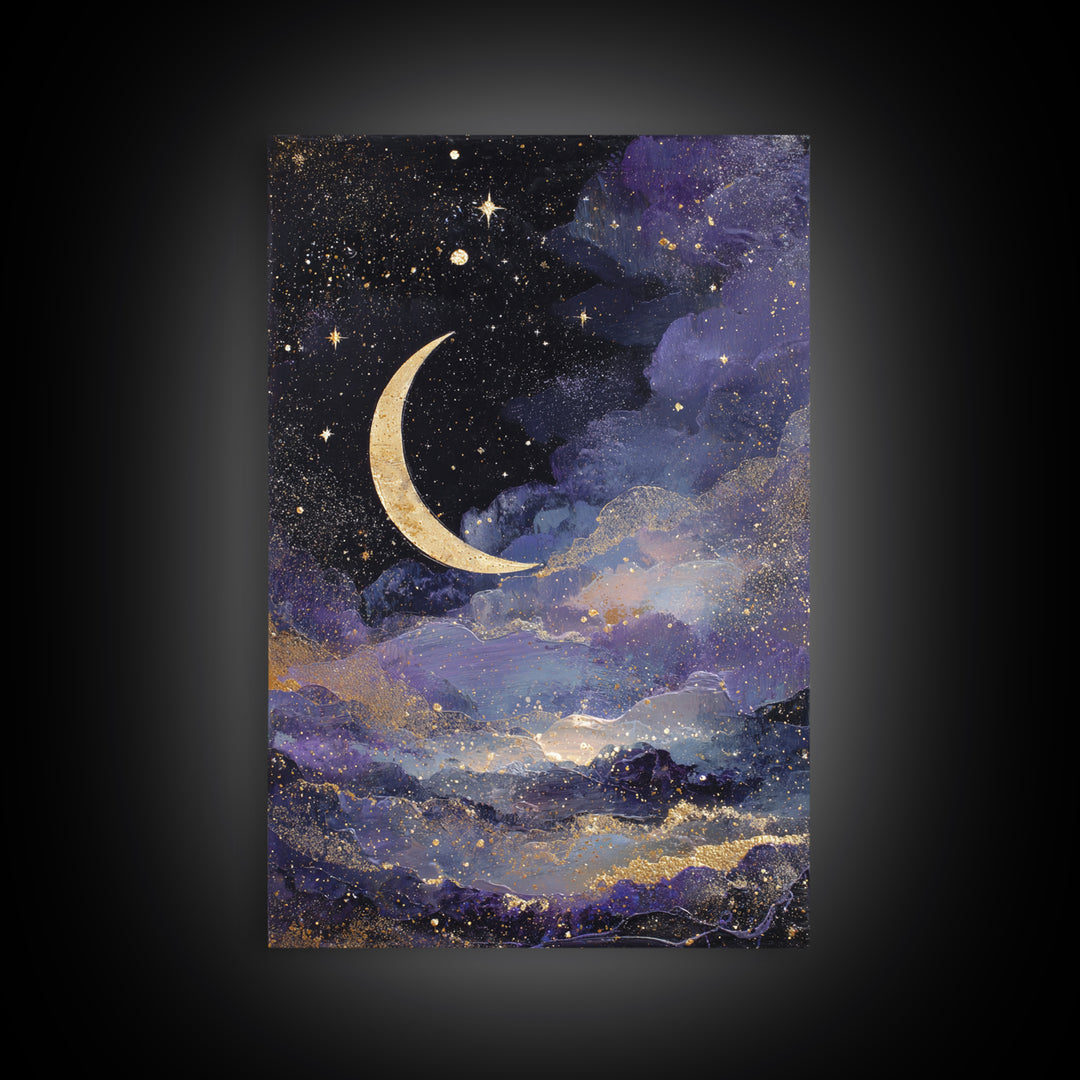 Night Skyline under Crescent Moon Canvas Print, Urban Art, Black Girl Wall Art, Living Room Decor, Abstract Art, Urban, URB-2x3-32