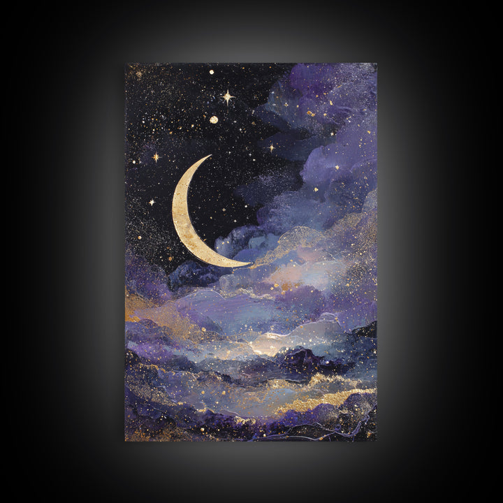 Night Skyline under Crescent Moon Canvas Print, Urban Art, Black Girl Wall Art, Living Room Decor, Abstract Art, Urban, URB-2x3-32