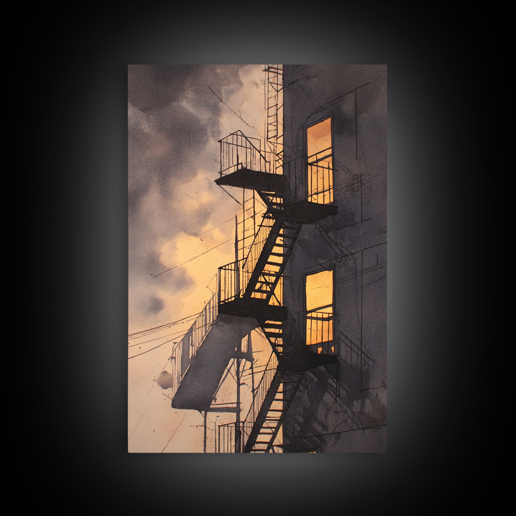 Fire Escape Silhouette Framed Canvas Print, Urban Art, Contemporary Art, Living Room Decor, Fine Art, Urban, Black Art, URB-2x3-34
