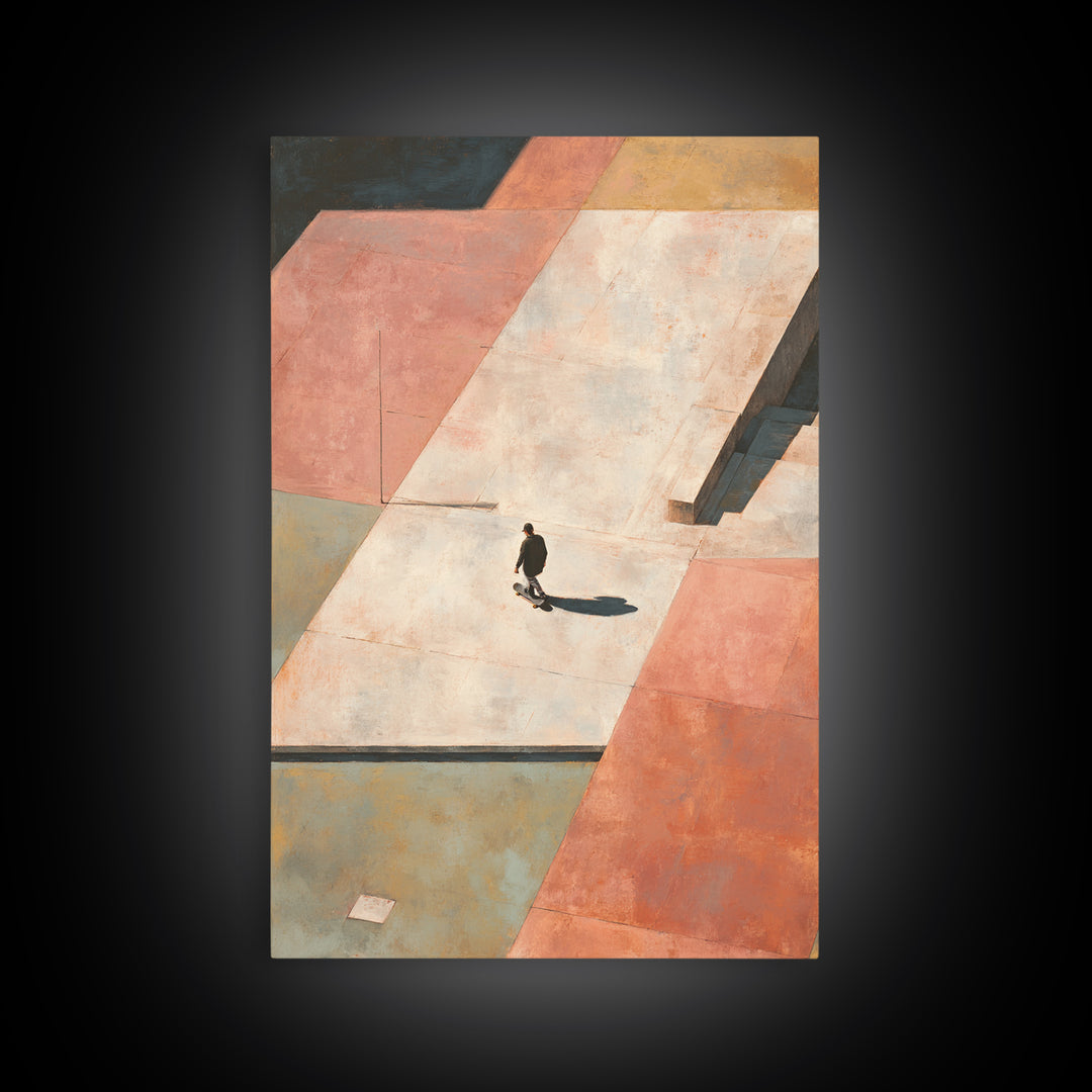 Skateboarder Crossing a Concrete Plaza Canvas Print, Urban Art, Minimalist Decor, Living Room Decor, Fine Art, Urban, URB-2x3-39