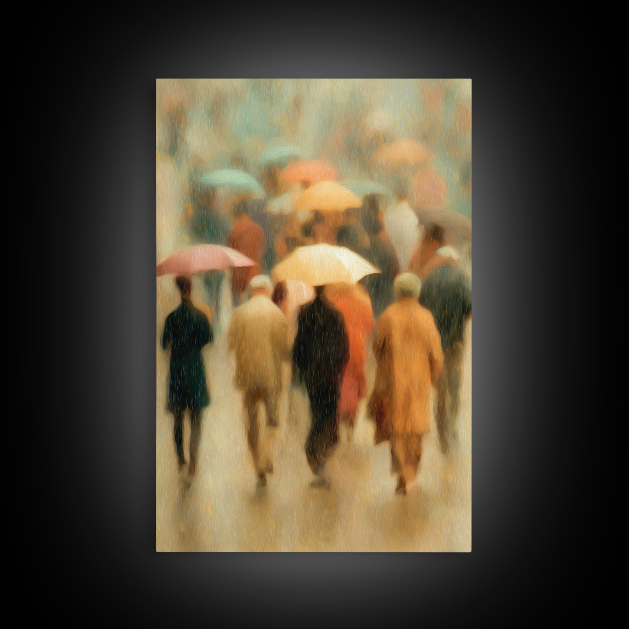 Rain Umbrella Figures Framed Canvas Print, Urban Art, Statement Artwork, Living Room Decor, Fine Art, Urban, Wall Decor, URB-2x3-4