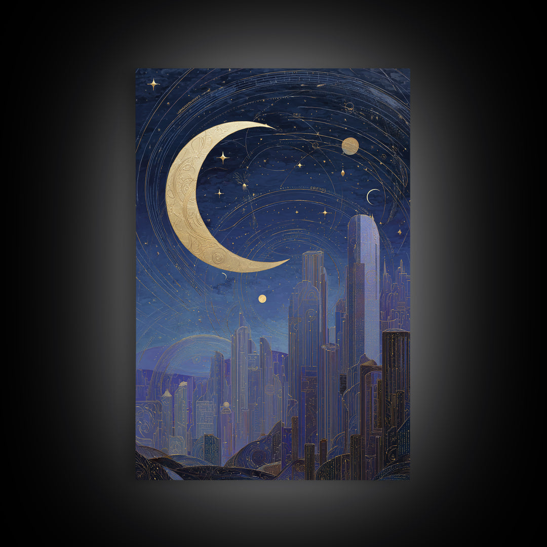 Night Skyline under Crescent Moon Framed Canvas Print, Urban Art, Neutral Decor, Living Room Decor, Fine Art, Urban, Wall Art, URB-2x3-56