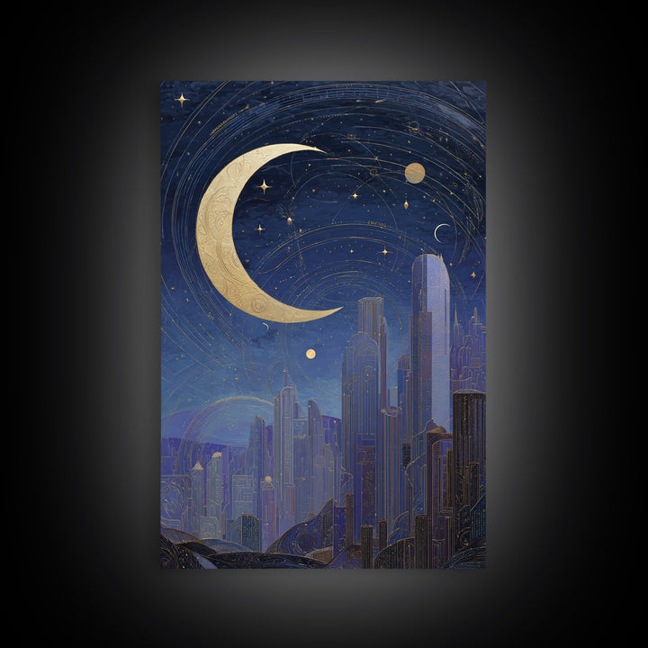 Night Skyline under Crescent Moon Framed Canvas Print, Urban Art, Neutral Decor, Living Room Decor, Fine Art, Urban, Wall Art, URB-2x3-56
