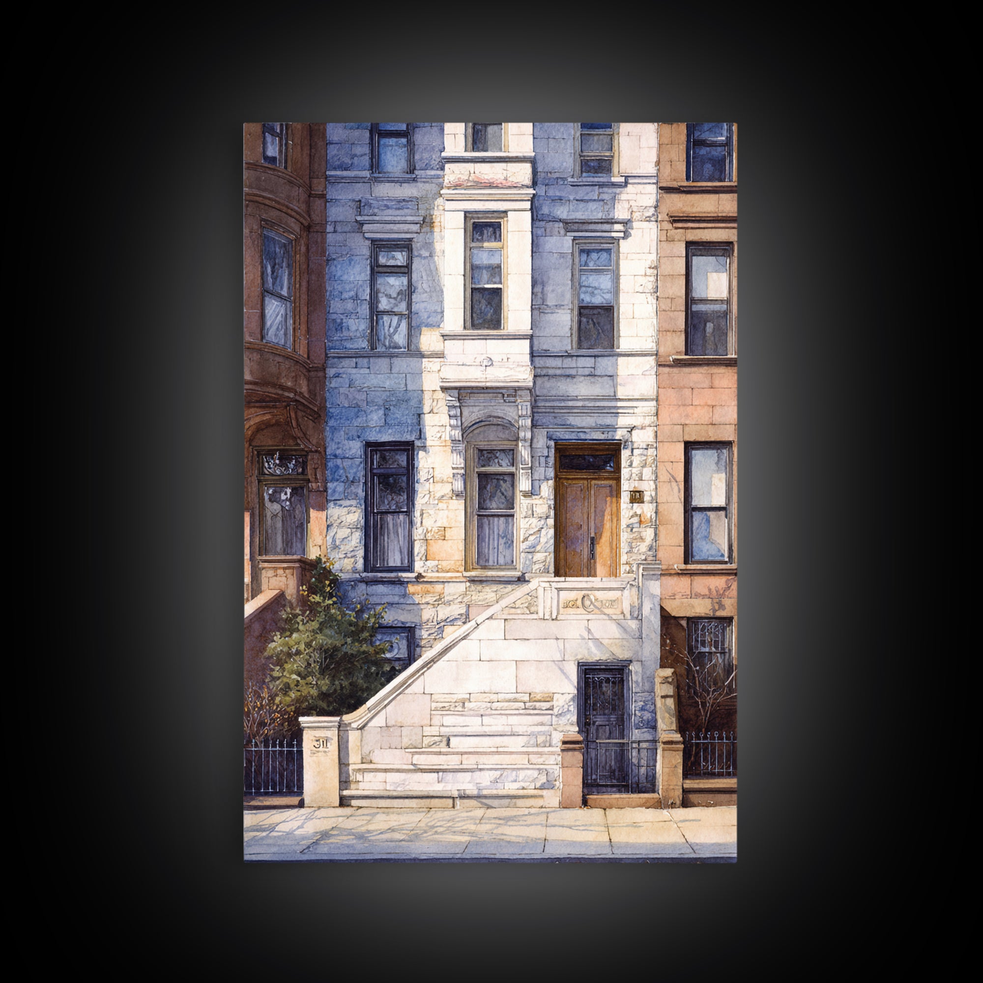 Brownstone Row in Soft Morning Light Framed Canvas Print, Urban Art, Art Deco, Living Room Decor, Urban, Book Shelf Decor, URB-2x3-68