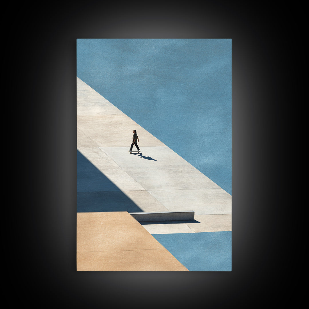 Skateboarder Crossing a Concrete Plaza Framed Canvas Print, Urban Art, Living Room Wall Art, Living Room Decor, Fine Art, Urban, URB-2x3-87
