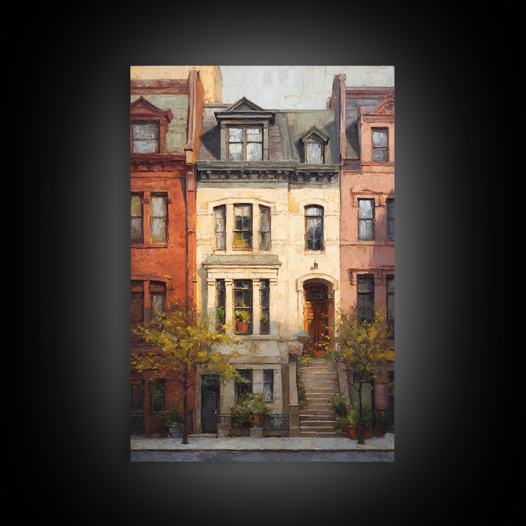 Brownstone Row in Soft Morning Light Framed Canvas Print, Urban Art, Gallery Decor, Living Room Decor, Abstract Art, Urban, URB-2x3-92