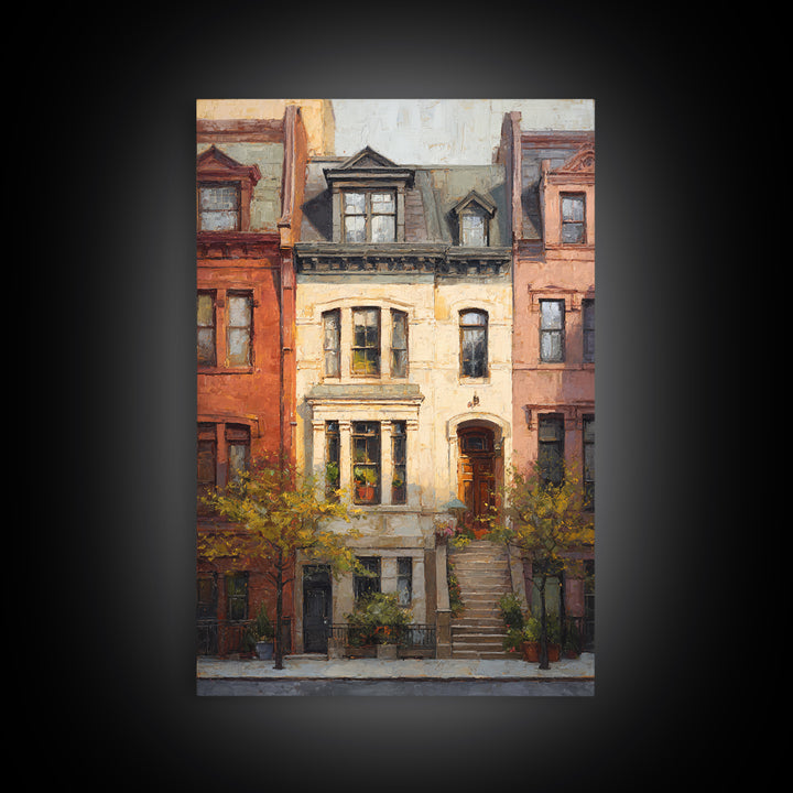 Brownstone Row in Soft Morning Light Framed Canvas Print, Urban Art, Gallery Decor, Living Room Decor, Abstract Art, Urban, URB-2x3-92