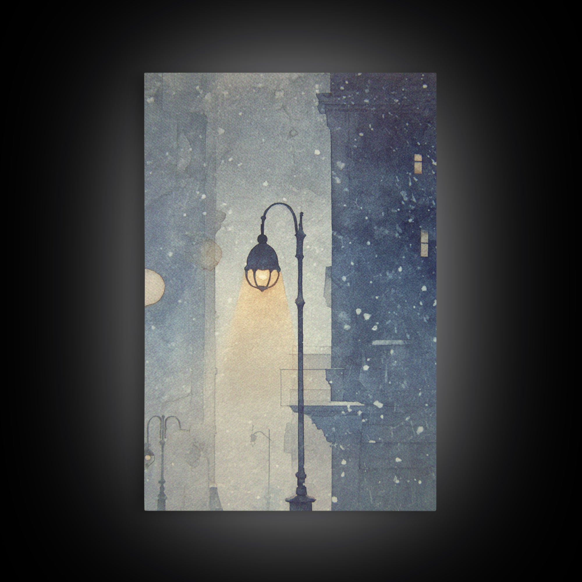 Streetlamp and Falling Snow Framed Canvas Print, Urban Art, Textured Wall Art, Living Room Decor, Urban, Digital Download Art, URB-2x3-93