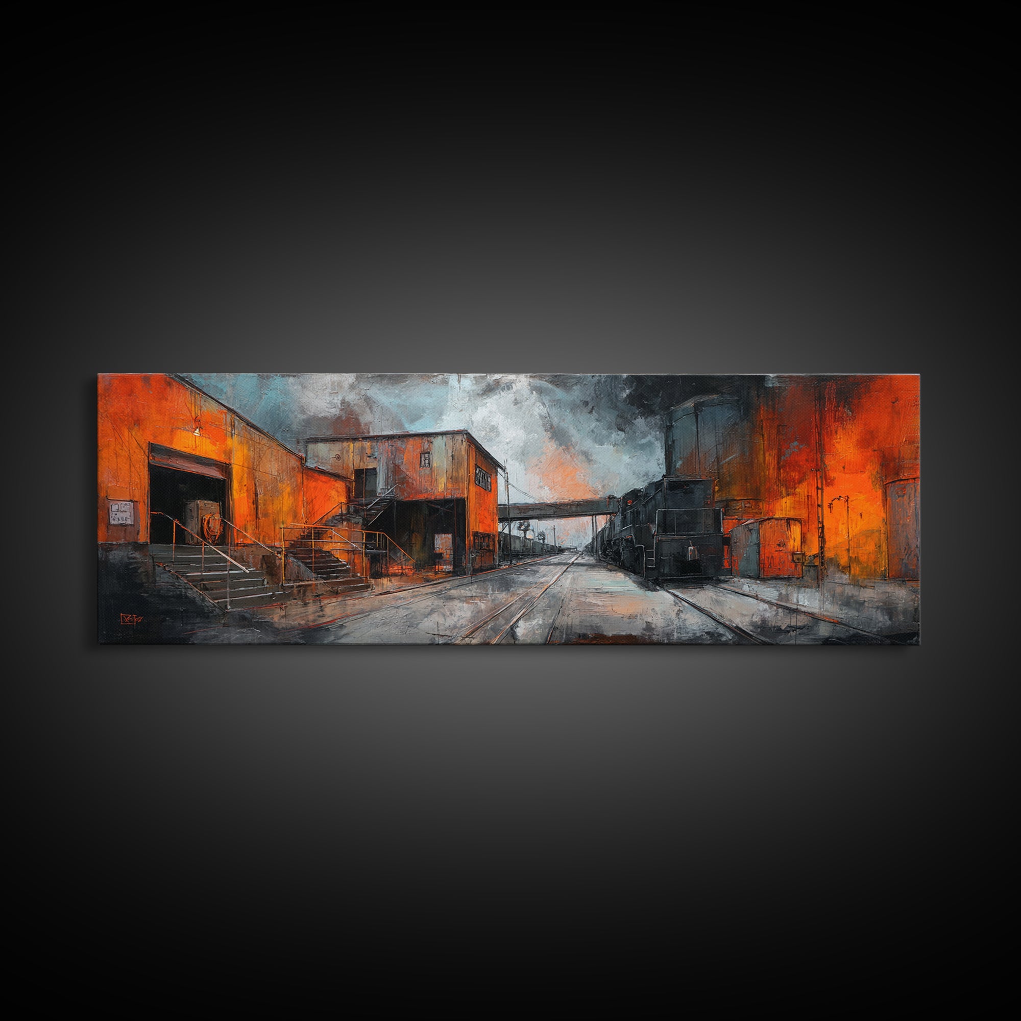 Industrial Rail Tracks Leading into City Canvas Print, Urban Art, Queer Art, Living Room Decor, Fine Art, Urban, URB-3x1-14