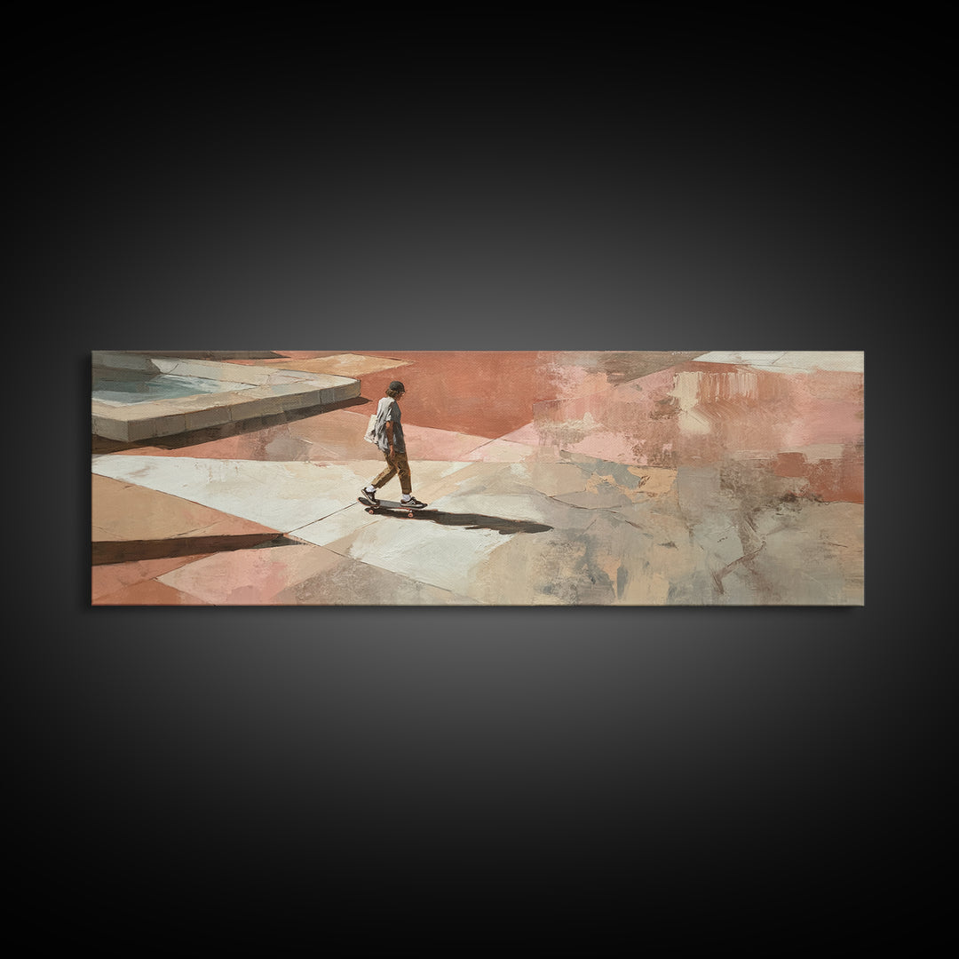 Skateboarder Crossing a Concrete Plaza Framed Canvas Print, Urban Art, Boho Decor, Living Room Decor, Fine Art, Urban, URB-3x1-23