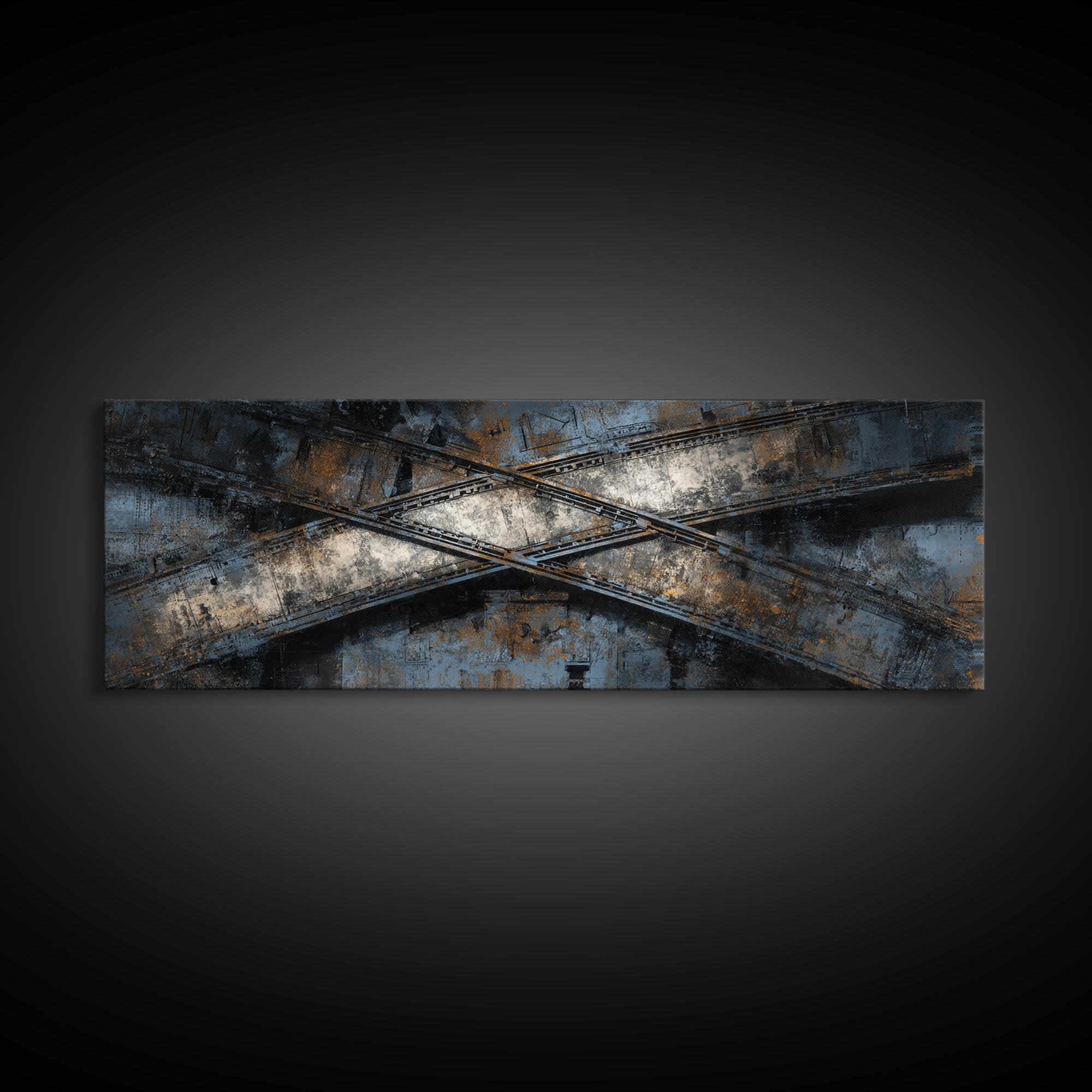 Industrial Rail Tracks Leading into City Canvas Print, Urban Art, Art Deco, Living Room Decor, Urban, Book Shelf Decor, URB-3x1-38