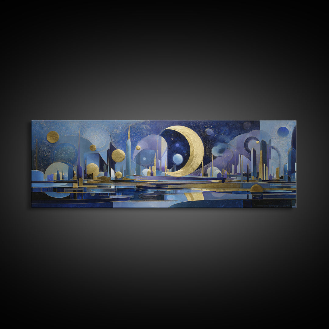 Night Skyline under Crescent Moon Canvas Print, Urban Art, Gallery Decor, Living Room Decor, Fine Art, Urban, Contemporary Art, URB-3x1-40