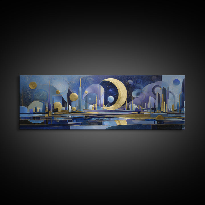 Night Skyline under Crescent Moon Canvas Print, Urban Art, Gallery Decor, Living Room Decor, Fine Art, Urban, Contemporary Art, URB-3x1-40